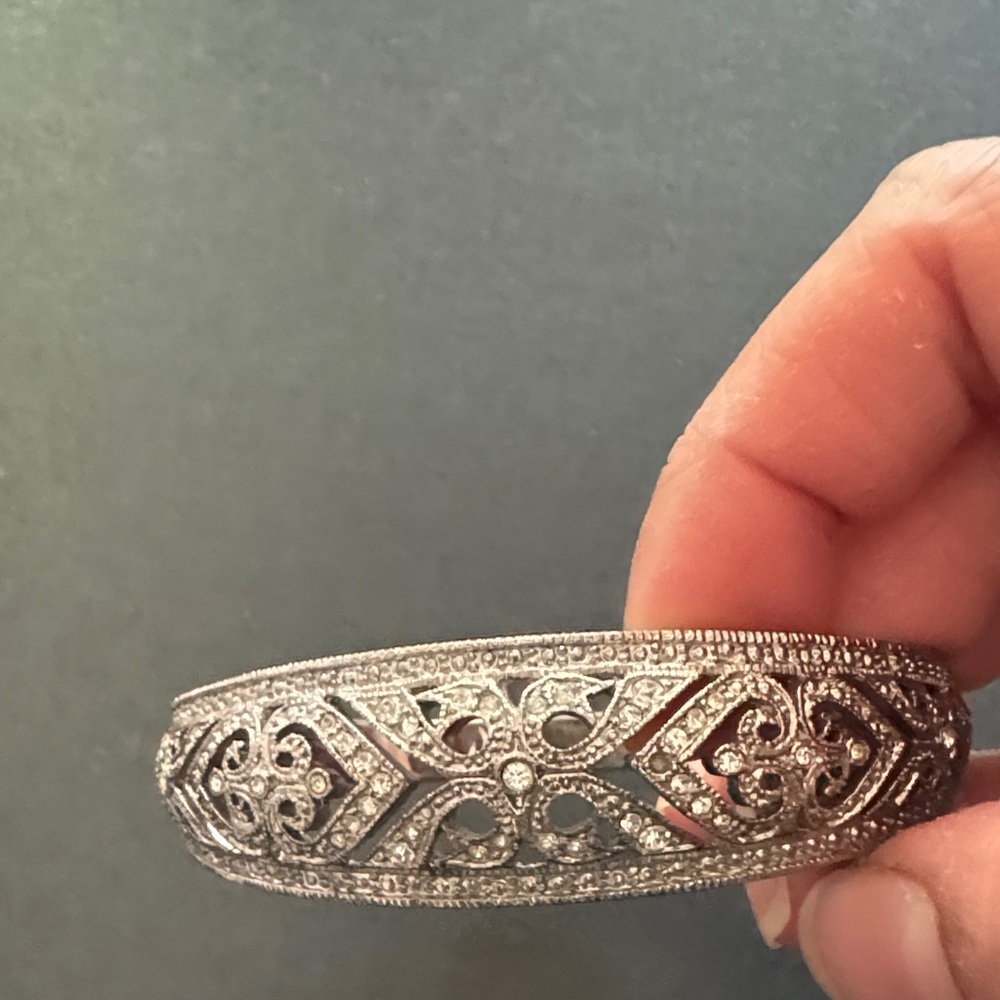 Silver Filigree Crystal Bangle Bracelet - Women's Jewelry